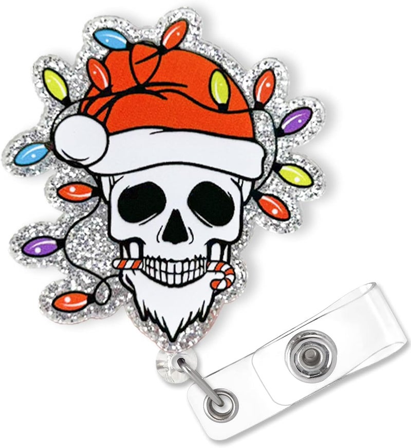 Bydevia Funny Santa Skull Christmas Badge Reel Retractable for Nurse Nursing Student RN MA CNA LPN Medical Worker & Teacher, Funny Holiday Nurse Gift, Glitter Radiology Xray Tech Christmas Badge Reel for Work - Image 1